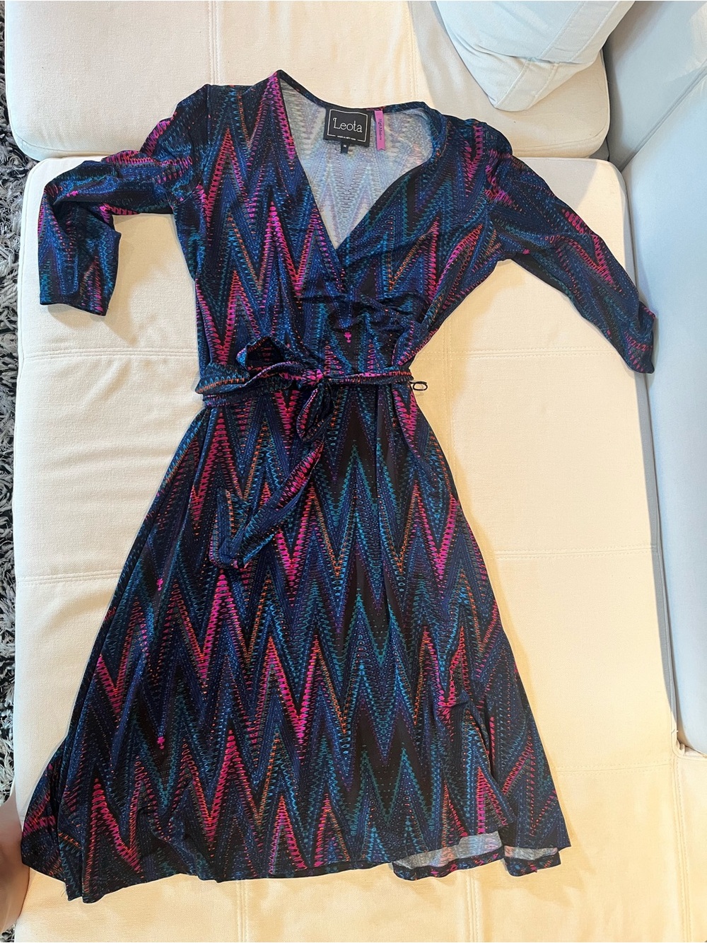 Leota Navy Wrap Midi Dress with Pink & Teal Zigzag